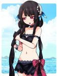  1girl agi_(neckless) anette_(pso2) black_hair black_swimsuit clouds hair_ornament head_tilt long_hair low_twintails navel open_mouth phantasy_star phantasy_star_online_2 pointy_ears red_eyes sky solo standing swimsuit twintails very_long_hair water wet wringing_hair 