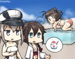  3girls :d ahoge all_fours alternate_costume antenna_hair aquarium bathtub beach bikini blue_eyes blue_skirt clouds cloudy_sky collarbone commentary_request day double_bun graf_zeppelin_(kantai_collection) hamu_koutarou hat hood hooded_jacket horizon jacket kantai_collection long_hair multiple_girls naka_(kantai_collection) navel ocean open_mouth outdoors peaked_cap shaved_ice shigure_(kantai_collection) silver_hair skirt sky smile spoken_object sweat swimsuit trembling twintails water 