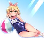  1girl ball beachball blonde_hair competition_school_swimsuit green_eyes hairband idolmaster idolmaster_cinderella_girls looking_at_viewer name_tag one-piece_swimsuit parted_lips sakurai_momoka school_swimsuit shiny shiny_clothes short_hair socks solo swimsuit wet white_legwear yunodon0315 