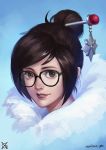  1girl artist_name bangs beads black-framed_eyewear brown_eyes brown_hair coat eyelashes face fur-lined_jacket fur_coat fur_trim glasses hair_bun hair_ornament hair_stick lips lipstick looking_at_viewer makeup mei_(overwatch) nose overwatch parted_bangs parted_lips pink_lips realistic short_hair sidelocks signature smile snowflake_hair_ornament solo swept_bangs winter_clothes winter_coat xiaoguimist 