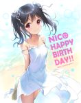  1girl 2016 arms_behind_back black_hair blush character_name dated dress hair_ribbon happy_birthday hat long_hair looking_at_viewer love_live! love_live!_school_idol_project minyon red_eyes ribbon signature smile solo straw_hat sundress twintails twitter_username yazawa_nico 