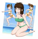  3girls akizuki_ritsuko antenna_hair beach bikini braid brown_eyes brown_hair futami_ami futami_mami glasses hair_bobbles hair_ornament idolmaster kneeling looking_at_viewer midriff multiple_girls open_mouth pose siblings side_ponytail sisters smile swimsuit twin_braids twins wata_do_chinkuru 