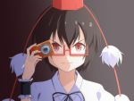  &gt;:) 1girl anime_coloring bespectacled black_hair camera cato_(monocatienus) face glasses hat pom_pom_(clothes) raised_eyebrow red-framed_eyewear red_eyes semi-rimless_glasses shameimaru_aya short_hair solo tokin_hat touhou upper_body wrist_cuffs 
