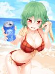  1girl :d adapted_costume asu_tora bare_arms bare_legs bare_shoulders beach bikini blush breasts cleavage clouds cloudy_sky collarbone commentary_request day eyebrows eyebrows_visible_through_hair front-tie_top green_hair hair_between_eyes highres kazami_yuuka large_breasts looking_at_viewer medium_breasts midriff navel ocean open_mouth outdoors plaid plaid_bikini pocari_sweat reaching_out red_bikini red_eyes sand shiny shiny_hair short_hair side-tie_bikini sky smile soda solo swimsuit teeth thighs touhou towel towel_around_neck wavy_hair 