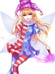  1girl american_flag_dress american_flag_legwear blonde_hair clownpiece dress fairy_wings fire hair_between_eyes hat head_tilt highres holding index_finger_raised jester_cap long_hair looking_at_viewer neck_ruff pantyhose polka_dot red_eyes sheya short_sleeves simple_background smile solo star star_print striped torch touhou white_background wings 