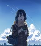  1girl :d aircraft airplane bag black_eyes black_hair blue_sky building camera clouds coat condensation_trail day eyepatch holding holding_camera jet loglancer long_hair long_sleeves open_mouth original outdoors scarf school_bag sky skyline smile solo standing yellow_scarf 