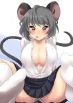  1girl :p absurdres alternate_breast_size alternate_costume animal_ears black_skirt blush breasts cleavage collarbone feet foreshortening grey_hair highres hitotsuki_nebura large_breasts long_sleeves looking_at_viewer miniskirt mouse_ears mouse_tail nazrin older panties pantyshot pantyshot_(sitting) pleated_skirt red_eyes shirt short_hair sitting skirt socks solo spread_legs tail tongue tongue_out touhou unbuttoned underwear white_legwear white_panties white_shirt 