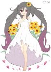  1girl absurdres alternate_costume amano_kouki arm_behind_back bare_shoulders barefoot black_hair check_commentary collarbone commentary_request dated dress flower hair_flower hair_ornament heart highres long_hair looking_at_viewer note-chan open_mouth original petals sleeveless sleeveless_dress smile solo strapless strapless_dress sunflower twintails very_long_hair violet_eyes white_background white_dress 