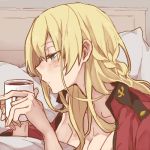  1girl bed blonde_hair blue_eyes blush braid breasts coffee coffee_mug commentary_request cup darjeeling girls_und_panzer hair_down hickey holding jacket_on_shoulders long_hair military mug no_shirt pillow ree_(re-19) sleepy solo under_covers uniform 