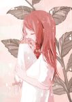  1girl 456 bangs bouquet closed_eyes flower from_side holding holding_bouquet holding_flower hydrangea leaf long_hair parted_bangs petals profile red redhead shirt solo standing white_shirt 