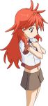 1girl amou_kanade eyebrows eyebrows_visible_through_hair hands_clasped long_hair looking_down midriff mototenn navel parted_lips red_eyes redhead senki_zesshou_symphogear shirt short_sleeves shorts solo wavy_hair white_background younger 