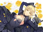  1girl artoria_pendragon_(all) black_dress blonde_hair breasts character_name cleavage dress ells fate/stay_night fate_(series) flower frilled_dress frilled_sleeves frills lolita_fashion open_mouth rose saber saber_alter solo yellow_eyes yellow_rose 