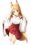  1girl animal_ears brown_hair fox_ears green_eyes hakama hakama_skirt japanese_clothes long_hair miko miniskirt original panties shibacha_(shibacha_0728) skirt smile solo tail thigh-highs underwear white_legwear white_panties wind wind_lift 