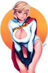  1girl blonde_hair blue_eyes breasts cape cleavage dc_comics hips large_breasts leaning_forward light_smile lips looking_at_viewer loyproject one_eye_closed power_girl short_hair signature simple_background solo thighs white_background 