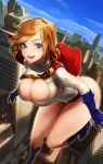  1girl absurdres blonde_hair blue_eyes blue_gloves breasts building cape chirigami-san cleavage dc_comics flying gloves highres large_breasts looking_at_viewer midair power_girl short_hair sky smile solo thighs 