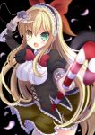  1girl :d black_background blonde_hair bow brown_skirt candy candy_cane cowboy_shot eyepatch eyepatch_removed flower_knight_girl green_eyes hair_bow hairband hane. heterochromia ivy_(flower_knight_girl) long_hair looking_at_viewer open_mouth petals red_bow sidelocks skirt smile solo yellow_eyes 
