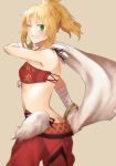  1girl alternate_costume ass bandage bangle blonde_hair bracelet breasts butt_crack cloak fate/apocrypha fate/grand_order fate_(series) fur green_eyes jewelry midriff navel ponytail saber_of_red smile solo tk_sk true_samādhi_fire 