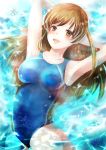  1girl afloat arms_behind_head blush breasts brown_eyes brown_hair competition_swimsuit idolmaster idolmaster_cinderella_girls idolmaster_cinderella_girls_starlight_stage long_hair nitta_minami okappakira one-piece_swimsuit open_mouth solo swimsuit 