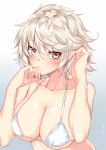  1girl alternate_costume alternate_hair_length alternate_hairstyle bare_arms bare_shoulders bikini breasts cleavage commentary_request green_eyes hair_between_eyes highres kantai_collection large_breasts looking_at_viewer micro_bikini nebu_soku short_hair solo swimsuit unryuu_(kantai_collection) upper_body white_hair 