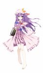  1girl bare_legs barefoot dress full_body hat highres long_hair ootsuki_momiji pajamas patchouli_knowledge purple_hair simple_background solo striped striped_dress tachi-e touhou touhou_ayaria_epic very_long_hair violet_eyes 
