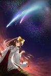  1girl blonde_hair brown_eyes clouds cloudy_sky flower headpiece highres japanese_clothes kimi_no_na_wa long_hair looking_at_viewer meteor_shower miko miyamizu_mitsuha night night_sky parted_lips rko_(a470350510) scenery sky solo spider_lily star_(sky) starry_sky wind 