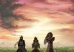  1girl 2boys armor bangs black_hair breasts brothers capelet carlmary closed_eyes clouds coat covered_mouth dress elbow_gloves fire_emblem fire_emblem_if gloves grass grasslands hair_ornament highres long_coat long_hair looking_at_viewer mask mikoto_(fire_emblem_if) mole mother_and_son mountain multiple_boys orange_sky ponytail red_armor ryouma_(fire_emblem_if) siblings sidelocks sky smile sunset takumi_(fire_emblem_if) undershirt very_long_hair white_coat white_dress white_gloves 