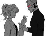  1boy 1girl between_fingers blue_eyes cigarette covered_mouth face_mask hair_ornament hair_tie hatstar labcoat long_sleeves mask mercy_(overwatch) monochrome overwatch ponytail scar scar_across_eye shirt short_hair simple_background soldier:_76_(overwatch) spot_color visor white_background wrist_grab 
