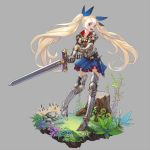  1girl armor armored_boots blonde_hair boots bow dagger full_body gauntlets gloves grey_background highres leaf long_hair miniskirt open_mouth original red_eyes scy simple_background skirt solo sword twintails weapon 