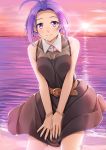  1girl ahoge bare_shoulders bracelet dress idolmaster jewelry looking_at_viewer miri_(ago550421) miura_azusa purple_hair short_hair smile solo strapless strapless_dress sunset v_arms violet_eyes 