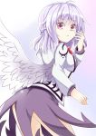  1girl aki_chimaki angel_wings ass blush feathered_wings highres jacket kishin_sagume leaning_forward long_sleeves looking_at_viewer looking_back open_clothes open_jacket pink_eyes purple_skirt silver_hair single_wing skirt solo touhou white_wings wings 