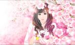  1girl animal brown_eyes brown_hair butterfly cat cherry_blossoms holding_animal long_hair looking_at_viewer original pursed_lips shun_(-shune-) solo spring_(season) 