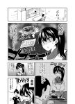  1boy 2girls admiral_(kantai_collection) ayasugi_tsubaki closed_eyes comic covering_mouth dress food hair_bun hand_over_own_mouth hands_on_own_head hands_together head_out_of_frame hidden_eyes imagining japanese_clothes kaga_(kantai_collection) kantai_collection kappougi kimono long_hair makeup military military_uniform monochrome multiple_girls open_mouth ponytail shaded_face shop short_hair side_ponytail smile steak surprised tears translation_request uniform wavy_mouth wide-eyed 