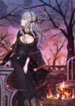  1girl black_dress breasts cleavage cleavage_cutout dress fire goddess hairband hestia_(mythology) highres large_breasts long_hair mythology original profile silver_hair solo wide_sleeves yumaomi 