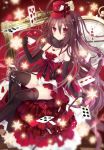  1girl bare_shoulders black_gloves black_legwear blush bow breasts brown_hair card clock cup dress elbow_gloves frame fur_collar gloves hat hat_ribbon heart heart_necklace long_hair looking_at_viewer nozomi_fuuten original playing_card red_bow red_eyes red_hat red_ribbon ribbon small_breasts smile snowflakes solo staff teacup thigh-highs top_hat very_long_hair 