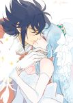  1boy 1girl bare_shoulders black_hair blue_hair bouquet bridal_veil closed_eyes couple dress elbow_gloves flower gloves gullinbursti_frodi hetero jobo_(isi88) kiss long_hair lyfia_(saint_seiya:_soul_of_gold) saint_seiya saint_seiya:_soul_of_gold veil wedding_dress white_gloves 