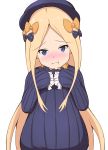  1girl :t abigail_williams_(fate/grand_order) absurdres bangs black_bow black_dress black_hat blonde_hair blue_eyes blush bow closed_mouth commentary_request dress eyebrows_visible_through_hair fate/grand_order fate_(series) forehead hair_bow hands_up hat head_tilt highres long_hair long_sleeves looking_at_viewer mitiru_ccc2 nose_blush orange_bow parted_bangs polka_dot polka_dot_bow pout simple_background sleeves_past_fingers sleeves_past_wrists solo very_long_hair white_background 
