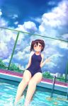  1girl arm_at_side bangs barefoot black_hair blue_swimsuit chain-link_fence character_name clenched_hand clouds cloudy_sky competition_school_swimsuit covered_navel dutch_angle fence happy_birthday head_tilt long_hair love_live! love_live!_school_idol_project marshall_(wahooo) one-piece_swimsuit outdoors pool pool_ladder poolside red_eyes school_swimsuit scrunchie sky smile soaking_feet solo splashing swimsuit twintails water yazawa_nico 