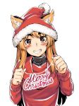  1girl animal_ears blush brown_eyes brown_hair christmas fox_ears grin h_kasei hat long_sleeves looking_at_viewer merry_christmas nose_blush original santa_hat smile sweater white_background 