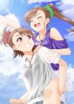  2girls barefoot brown_hair closed_eyes futami_ami futami_mami grin idolmaster jewelry miri_(ago550421) multiple_girls necklace open_mouth piggyback pink_eyes puzzle_piece scrunchie siblings side_ponytail sisters smile twins 