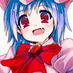  1girl blue_hair brooch fang favfavver2 hat jewelry mob_cap open_mouth red_eyes remilia_scarlet solo touhou upper_body white_background 