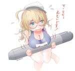  1girl blonde_hair blush breast_rest breasts cleavage glasses green_eyes hat i-8_(kantai_collection) kantai_collection large_breasts low_twintails name_tag open_mouth otoichi peaked_cap school_swimsuit solo swimsuit torpedo twintails wavy_mouth white_legwear 