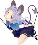  1girl animal animal_ears basket capelet dowsing_rod foreshortening full_body grey_hair ishikkoro jewelry mouse mouse_ears mouse_tail nazrin parted_lips pendant red_eyes ribbon shoes short_hair short_sleeves skirt tail touhou 