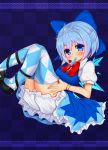  1girl adjusting_clothes adjusting_legwear argyle argyle_legwear black_shoes bloomers blue_background blue_bow blue_dress blue_eyes blue_hair blue_legwear blush bow bowtie bracelet checkered checkered_background cirno colored_eyelashes dress from_side hair_bow highres ice ice_wings jewelry looking_at_viewer mouth_hold popsicle puffy_short_sleeves puffy_sleeves red_bow red_bowtie shoes short_hair short_sleeves solo sparkle_background thigh-highs tiara tokoya tokoya_(ex-hetare) touhou underwear wings 