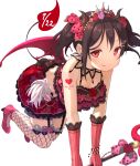  1girl black_hair bow demon_tail demon_wings fishnet_legwear fishnets gloves hair_bow long_hair love_live! love_live!_school_idol_project pachi_(sugiyama0306) red_eyes simple_background solo staff tail tiara twintails wings yazawa_nico 
