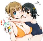  2girls age_difference bikini black_hair blue_eyes breasts bright_pupils brown_eyes brown_hair carrying child cleavage collarbone food grin happy hug ice_cream jewelry kirikirimai_(kkm) large_breasts looking_at_viewer multiple_girls necklace one_eye_closed original school_swimsuit short_hair side_ponytail signature simple_background smile swimsuit v white_background 