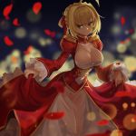  1girl ahoge blonde_hair breasts cleavage dress dress_lift epaulettes fate/extra fate/extra_ccc fate/grand_order fate_(series) goomrrat green_eyes large_breasts petals red_dress saber_extra short_hair solo 