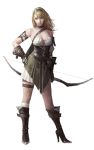  1girl arrow bare_shoulders blonde_hair blue_eyes boots bow_(weapon) breasts brown_boots cleavage collar dongho_kang hairband hand_on_hip head_tilt high_heel_boots high_heels holding long_hair looking_at_viewer original quiver realistic simple_background solo weapon white_background 