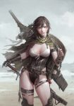  1girl arm_belt bangs blue_eyes braid breasts brown_hair buckle cape choker cleavage contrapposto corset cross-laced_clothes desert dongho_kang fantasy hand_on_hilt highleg holding_strap leather lips long_hair looking_at_viewer messy_hair original outdoors parted_lips realistic scabbard sheath sheathed shield sky solo sword thigh-highs thigh_strap torn_cape twin_braids underbust vial weapon wind 