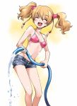  &gt;_&lt; 1girl :d alternate_costume bikini_top blonde_hair blush breasts closed_eyes commentary_request denim denim_shorts fresh_precure! highres hose kurose_kousuke momozono_love navel open_mouth precure short_shorts shorts small_breasts smile solo twintails water xd 