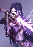  1girl blue_hair breasts electricity fate/grand_order fate_(series) fingerless_gloves gloves jacky5493 katana large_breasts long_hair minamoto_no_yorimitsu_(fate/grand_order) purple_background simple_background solo sword violet_eyes weapon 